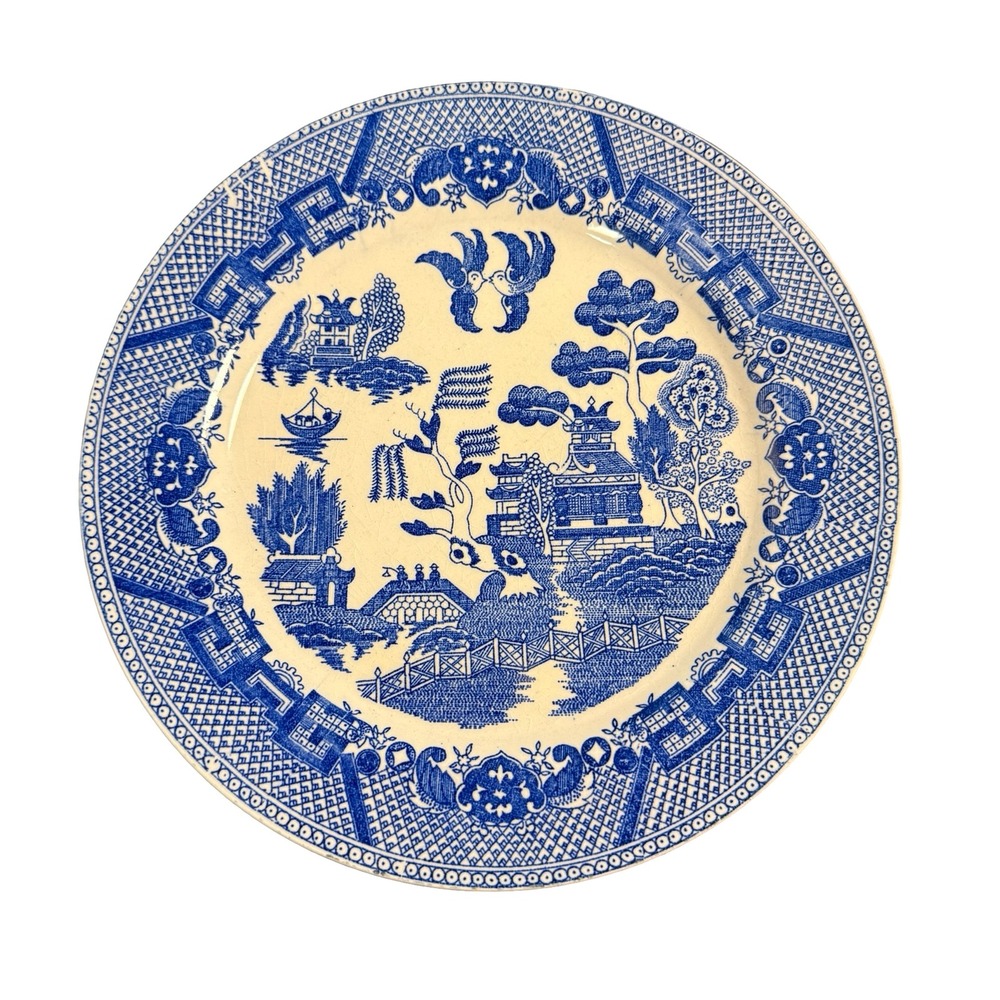 Vintage Blue Willow Dinner Plate Japan Cobalt Blue White Chinoiserie 9.25 inch